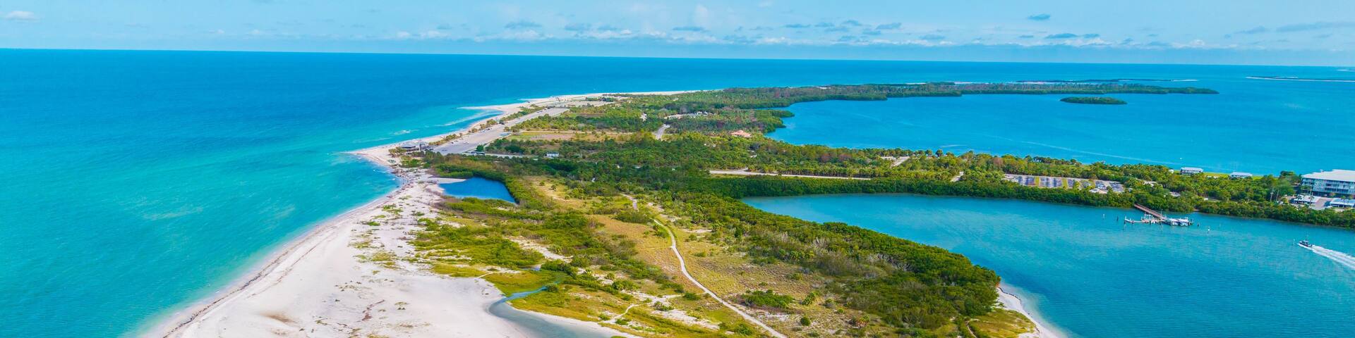 This is a drone view of Honeymoon Island State Park on the Gulf coast, in Dunedin, Florida.