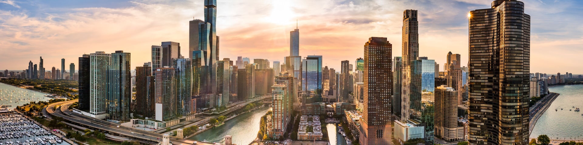 Aerial panorama of Chicago, Illinois skyline at sunset. Chicago is the most populous city in the U.S. state of Illinois and in the Midwestern United States.