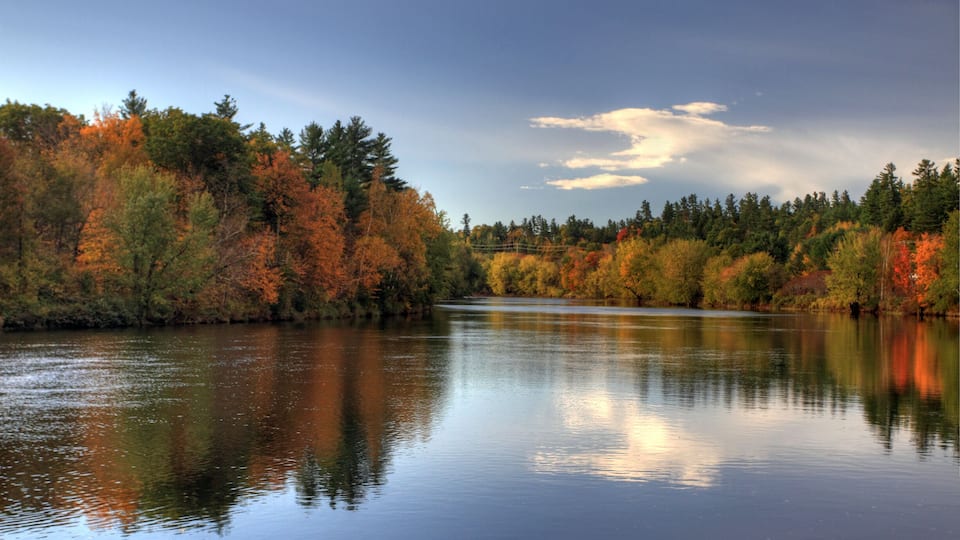 A calm lake surrounded by autumn-colored trees.