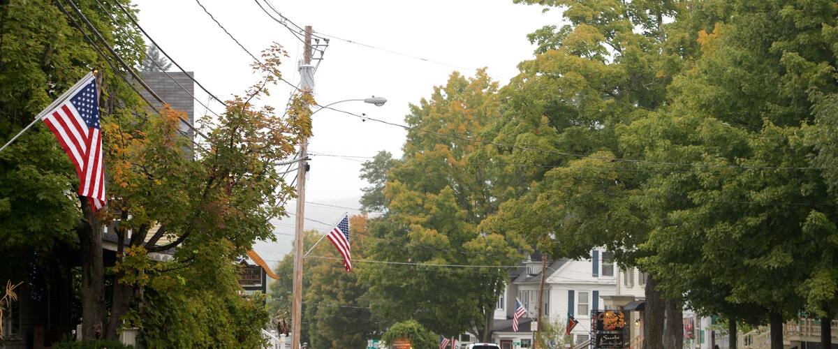 A street lined with American flags, houses, and trees.
