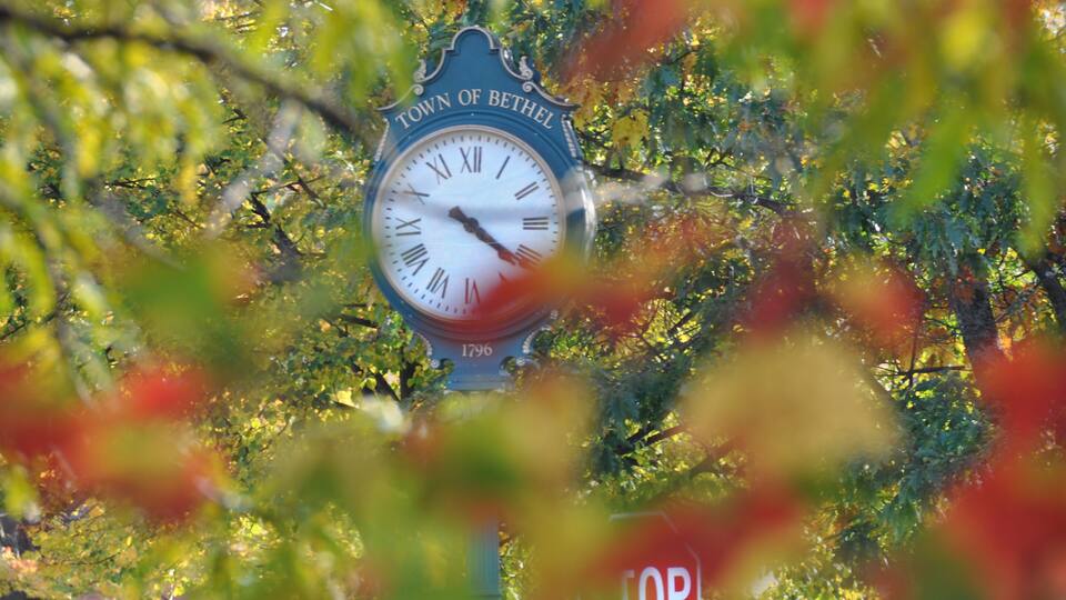Bethel, Maine, Town Timepiece In Autumn