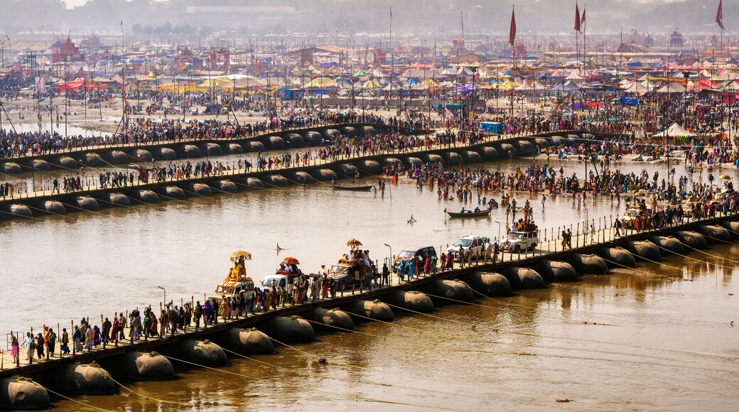 General view of pontoon bridges over the Ganges river at the Kumbh Mela Festival, the largest religious gathering on the planet, in Allahabad, Uttar Pradesh, India.
