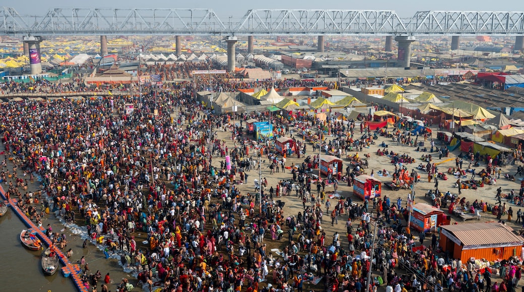 Prayagraj,India-28 pJanuary 2025 Top angle view of the crowd bathing at Sangam on the banks of Ganga at the Kumbh Mela in Prayagraj or Allahabad Uttar Pradesh India
