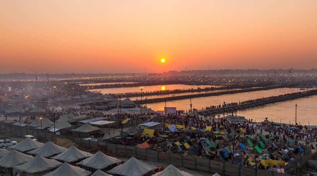 Hindu pilgrims cross pontoon bridges into the massive campsite during the festival of Kumbha Mela on February 10th 2013 at Allahabad, India.