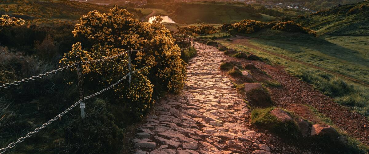The sunrise view of the walking trails to the Arthur's Seat in the Holyrood Park