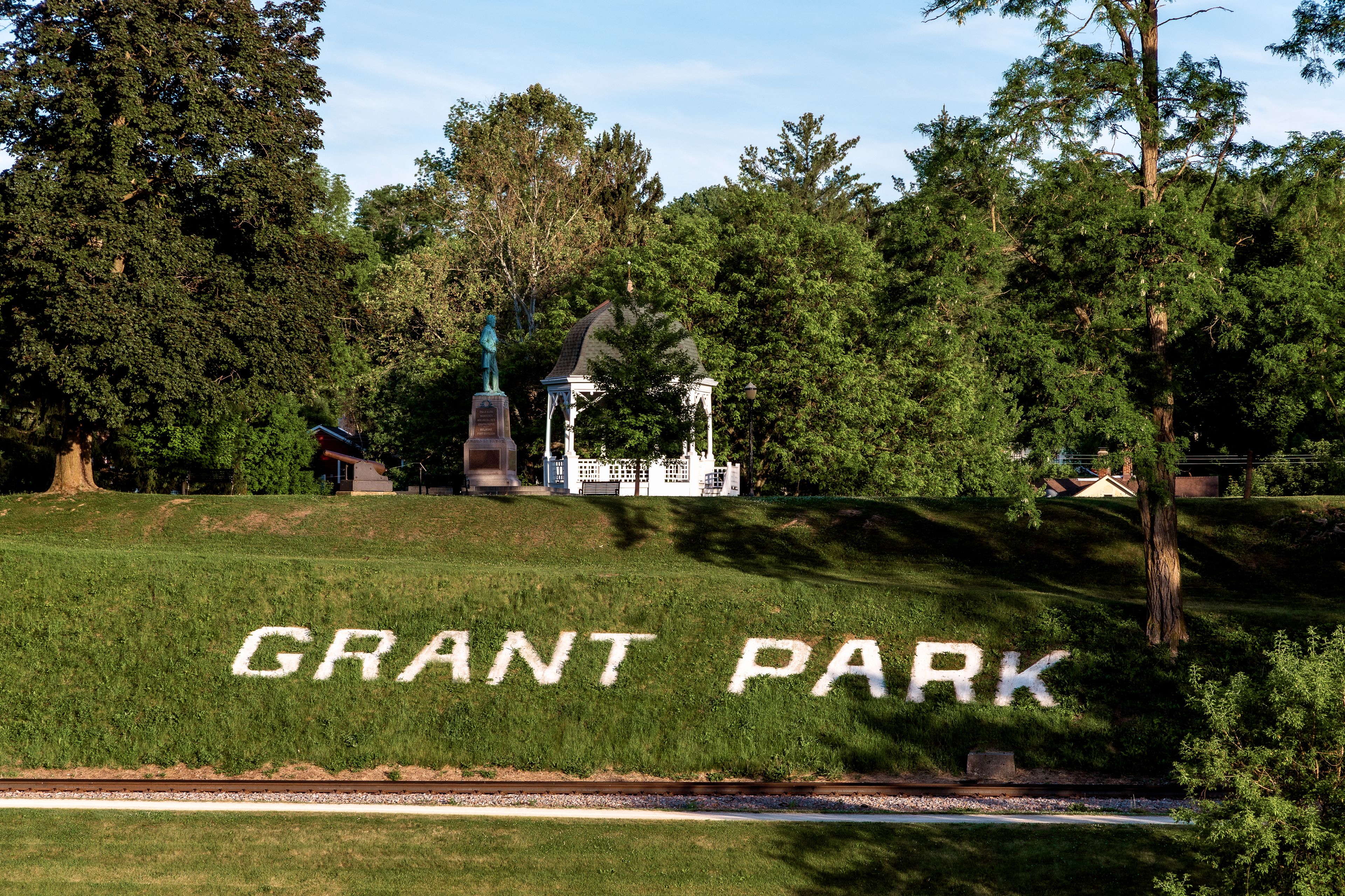View of Grant Park Sign, Gazebo and Grant Statue in Galena
