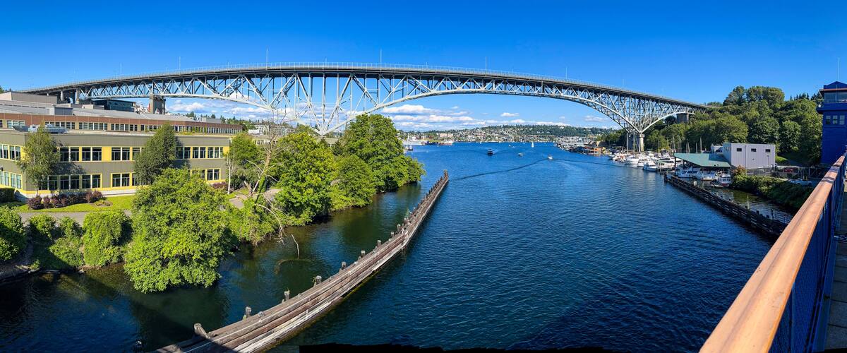 A steel bridge over a river, surrounded by buildings and greenery.