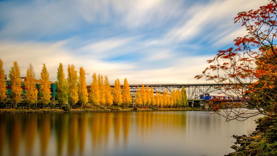A calm river with autumn trees reflecting in the water, a bridge, and a train passing by.