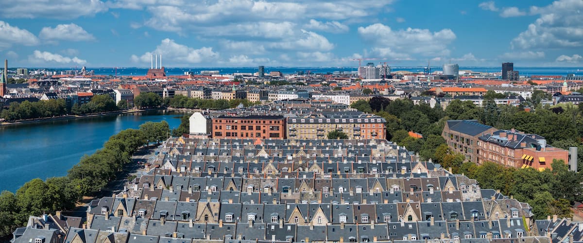 Aerial view of the rooftops of Kartoffelraekkerne neighborhood, in Oesterbro, Copenhagen, Denmark. The neighbourhood built in the late 1800s for working class families