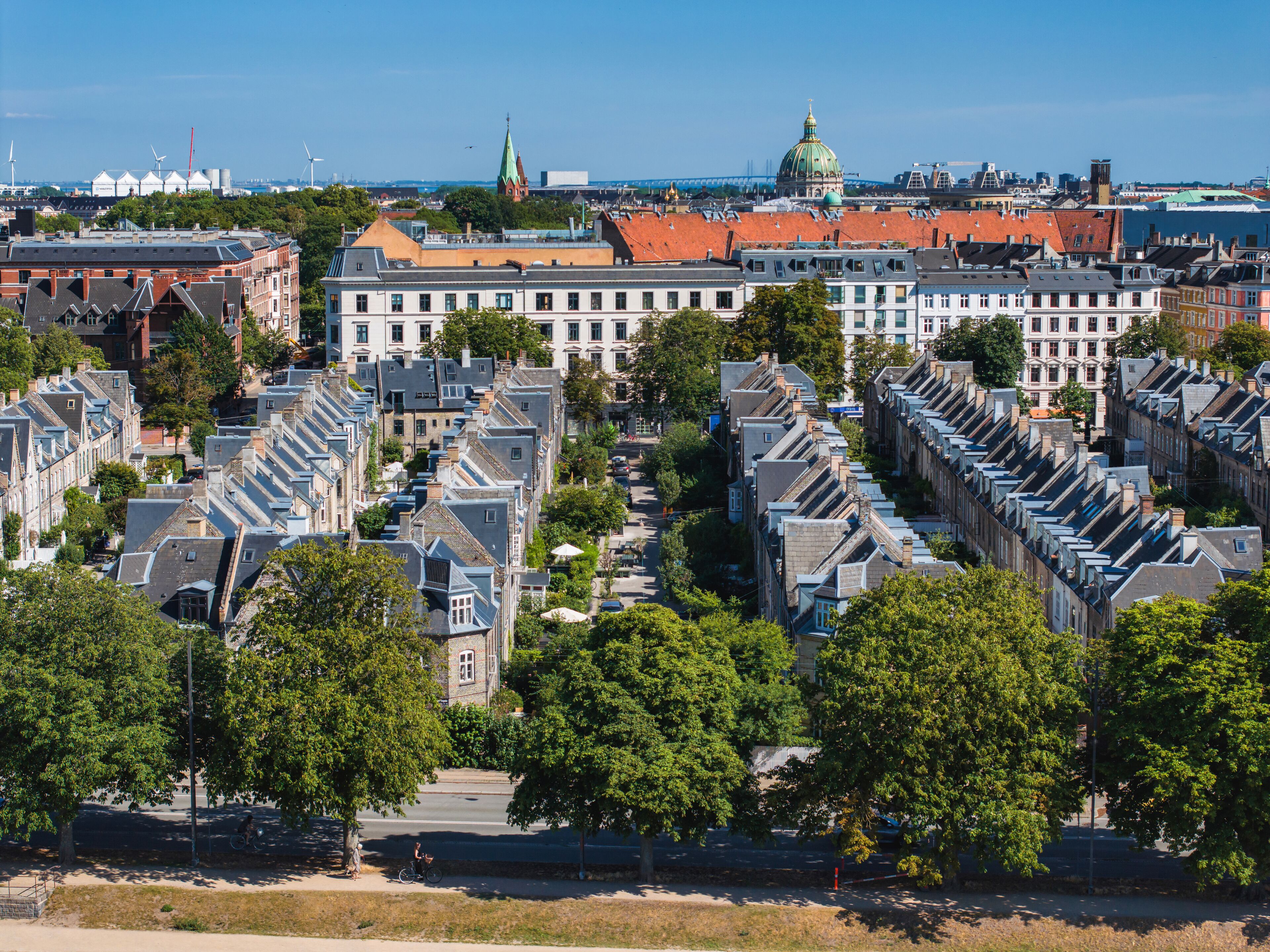 Aerial view of the rooftops of Kartoffelraekkerne neighborhood, in Oesterbro, Copenhagen, Denmark. The neighbourhood built in the late 1800s for working class families