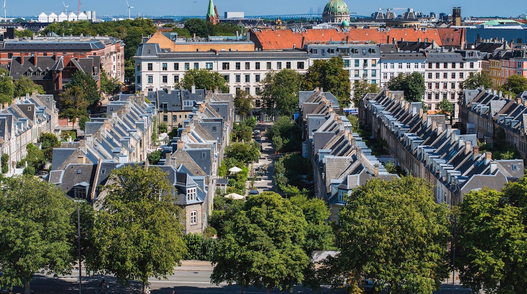 Aerial view of the rooftops of Kartoffelraekkerne neighborhood, in Oesterbro, Copenhagen, Denmark. The neighbourhood built in the late 1800s for working class families