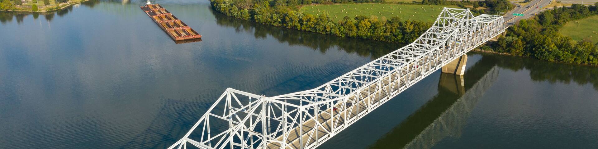 Aerial Perspective Barge Transportation Over Gallipolis Waterfront along the Ohio River