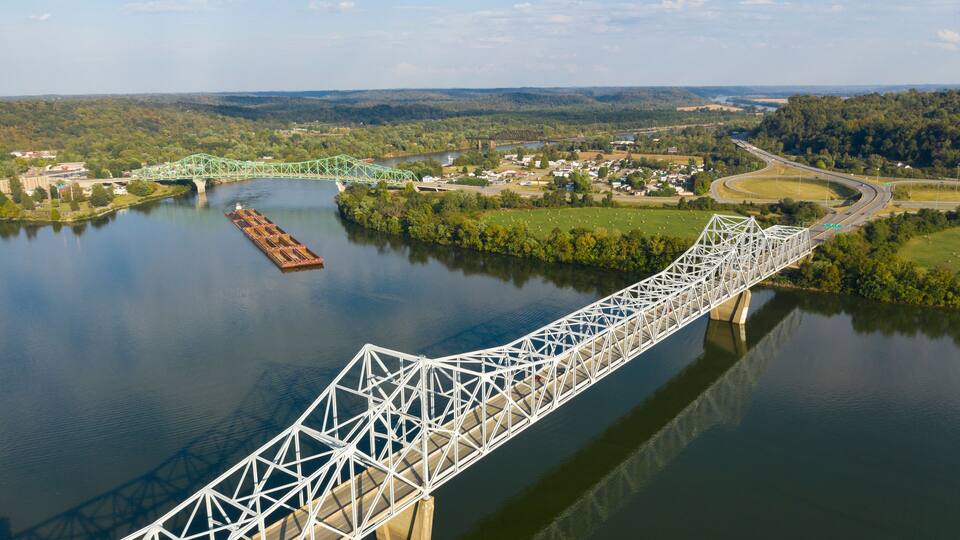 Aerial Perspective Barge Transportation Over Gallipolis Waterfront along the Ohio River