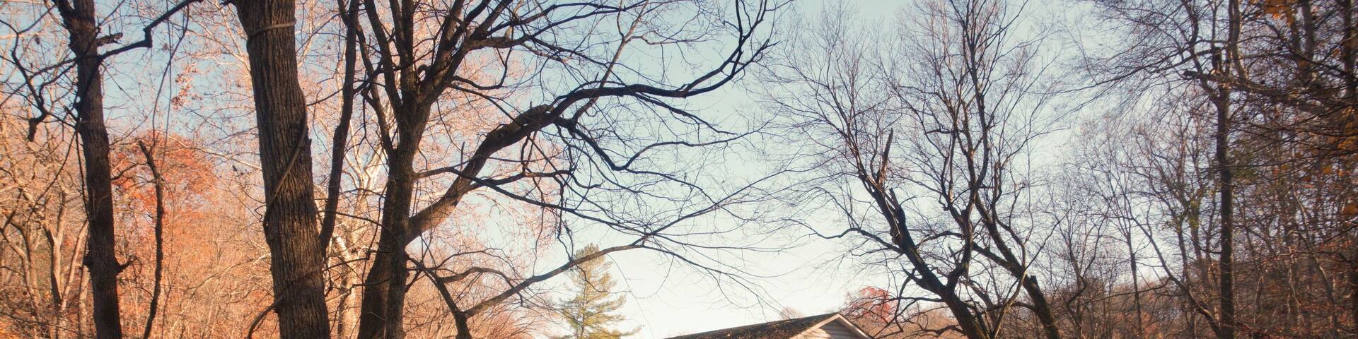 Red Mercer's Mill Wooden Covered Bridge in Fall with Trees and Sky