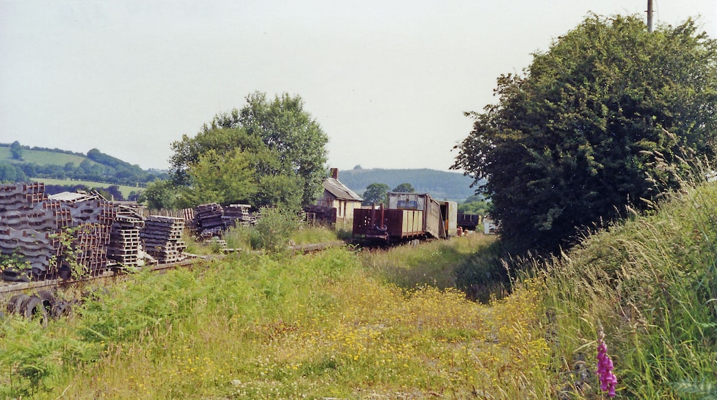 Derry Ormond station (remains), 1992. View SW, towards Carmarthen: ex-GWR Carmarthen - Aberystwyth line. The station and line were closed 22/2/65, although actually, due to flooding, the line was blocked from 14/12/64. The survival of so much nearly 30 years later is remarkable.