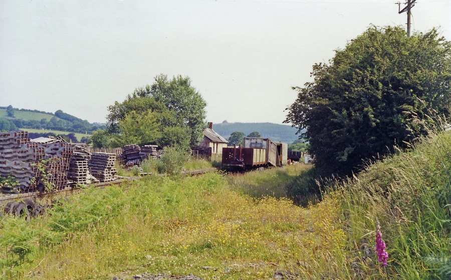 Derry Ormond station (remains), 1992. View SW, towards Carmarthen: ex-GWR Carmarthen - Aberystwyth line. The station and line were closed 22/2/65, although actually, due to flooding, the line was blocked from 14/12/64. The survival of so much nearly 30 years later is remarkable.