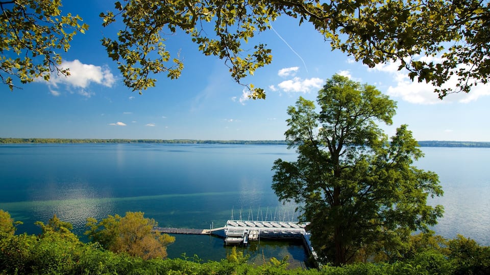 A calm lake with a dock and boats, surrounded by trees and a clear sky.