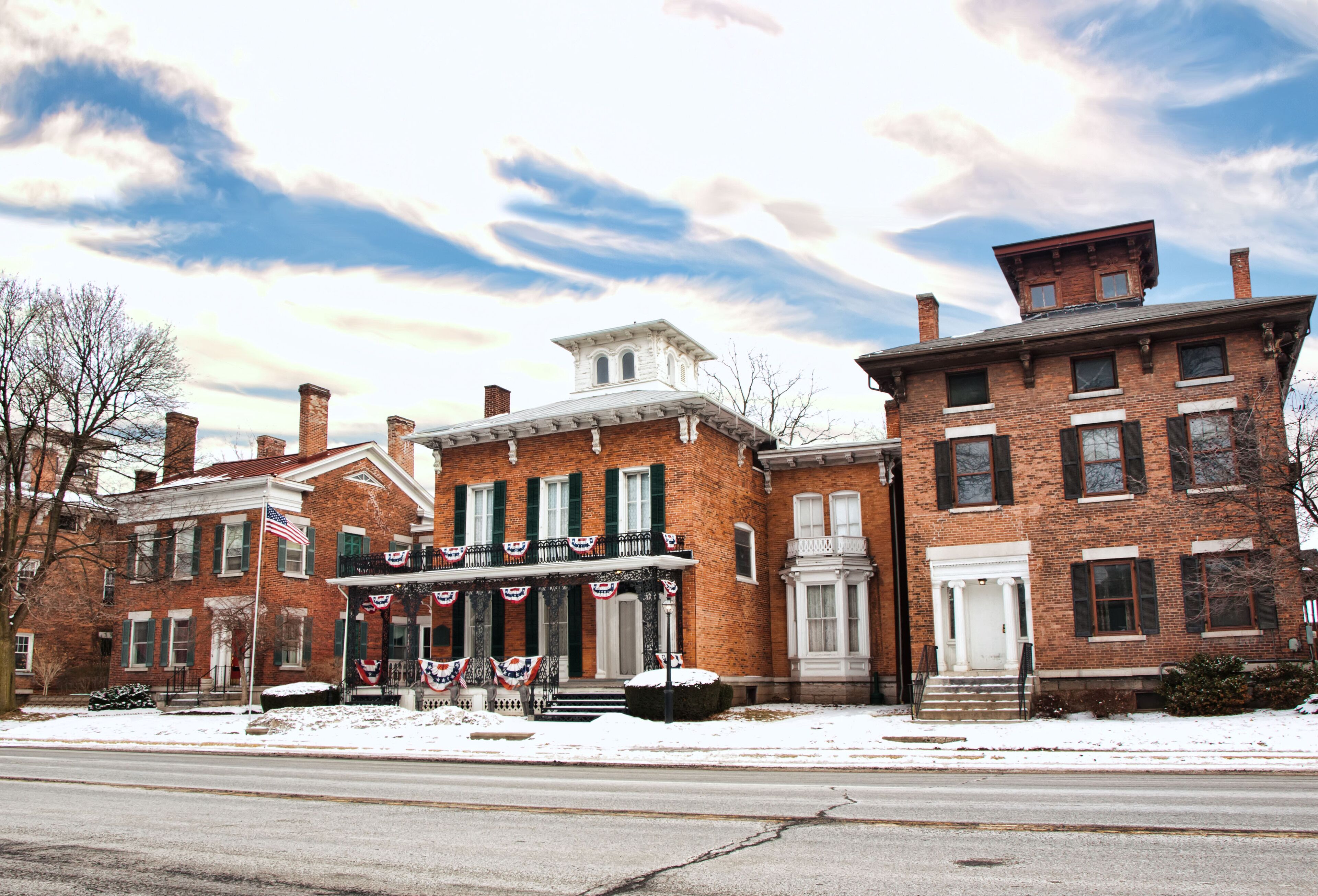 old brick homes in a village in winter