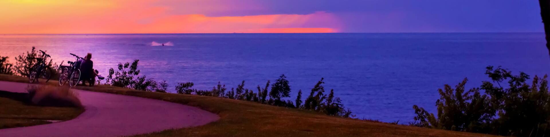 A sunset over the ocean with a beach and trees in the foreground.