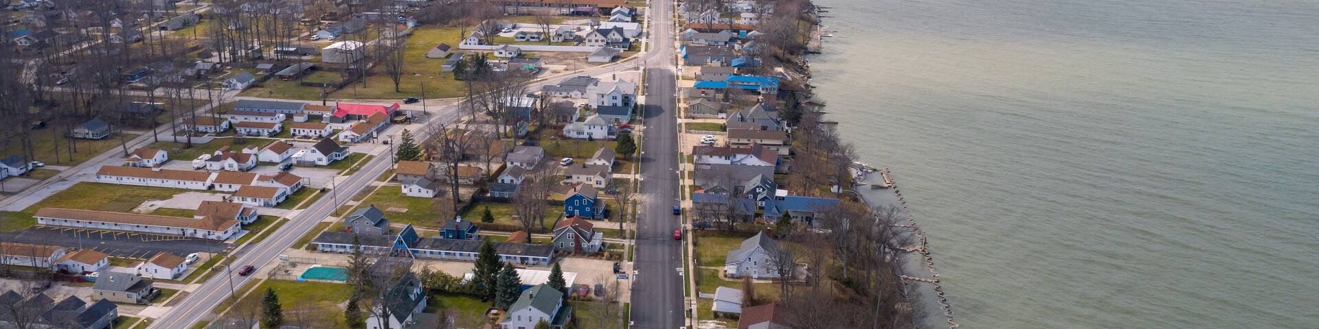 Aerial View Of Lake Erie Costal Town, Geneva On The Lake Ohio.