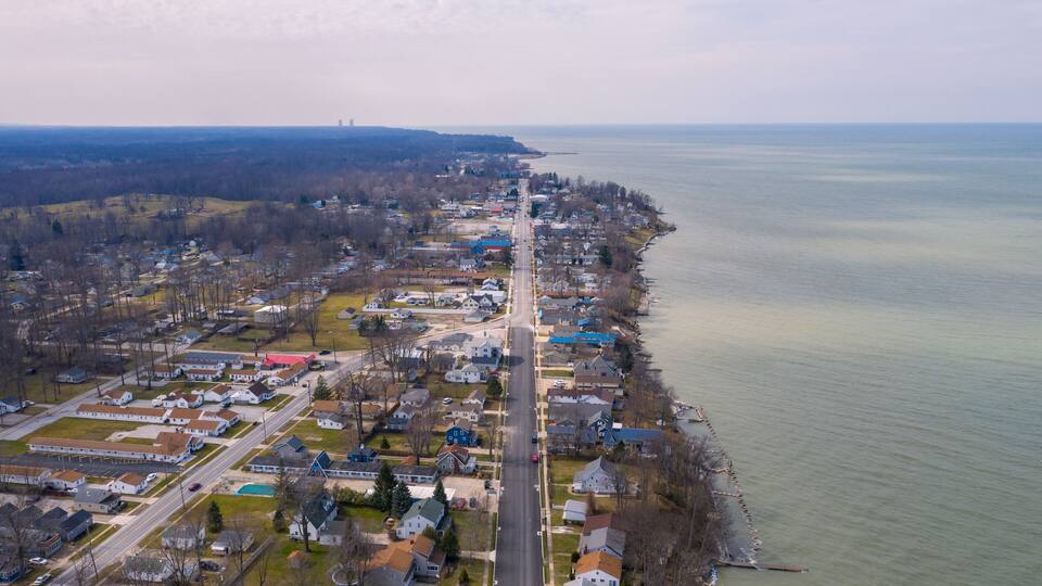 Aerial View Of Lake Erie Costal Town, Geneva On The Lake Ohio.