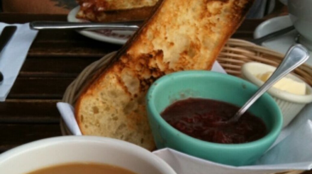 Toasted baguette, jam, butter and coffee - Petit déjeuner des champions.