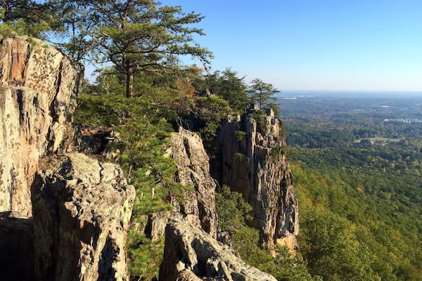 Une falaise escarpée, couverte d’épais pins, offrant une vue panoramique sur une vallée boisée.