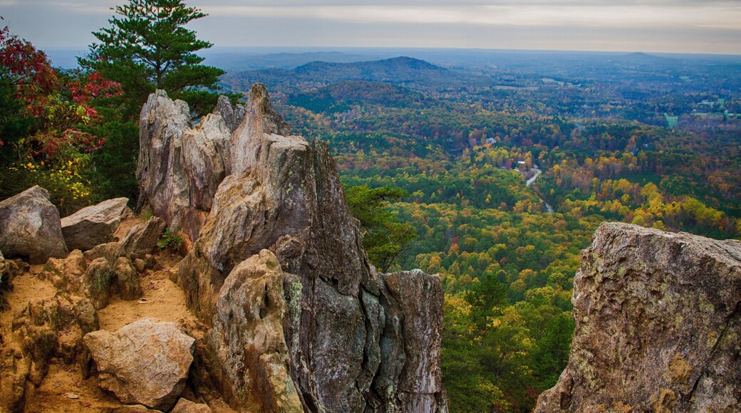 Crowders Mountain State Park has a wealth of great trails which end with great views of North Carolina piedmont. The two main destinations are Crowders Mountain (2.8 mile walk from Sparrow Springs Access) or the Pinnacle or King's Pinnacle. The Pinnacle trail is a pleasant 2 miles trek uphill through rich forest. The last little bit has some rock scrambling with signs that urge carefulness. But the views are stupendous, especially with fall colors in full display. (About 45 minutes west of Charlotte, NC)