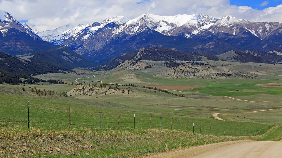 A dirt road winding through a green valley with snow-capped mountains in the background.