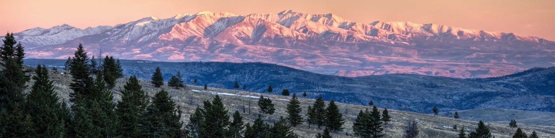 Une chaßne de montagnes aux sommets enneigés, un paysage boisé au premier plan et un ciel dégagé.
