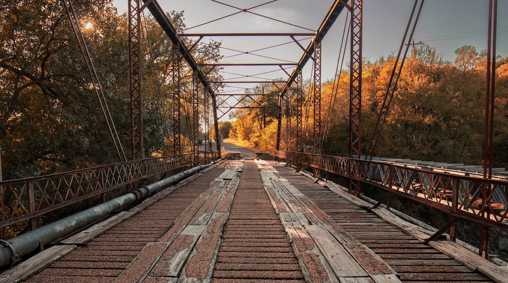 Historic 1904 Leon River Bridge in Gatesville, Texas. The artwork showcases the old, rustic bridge with its wooden deck and intricate metal framework.