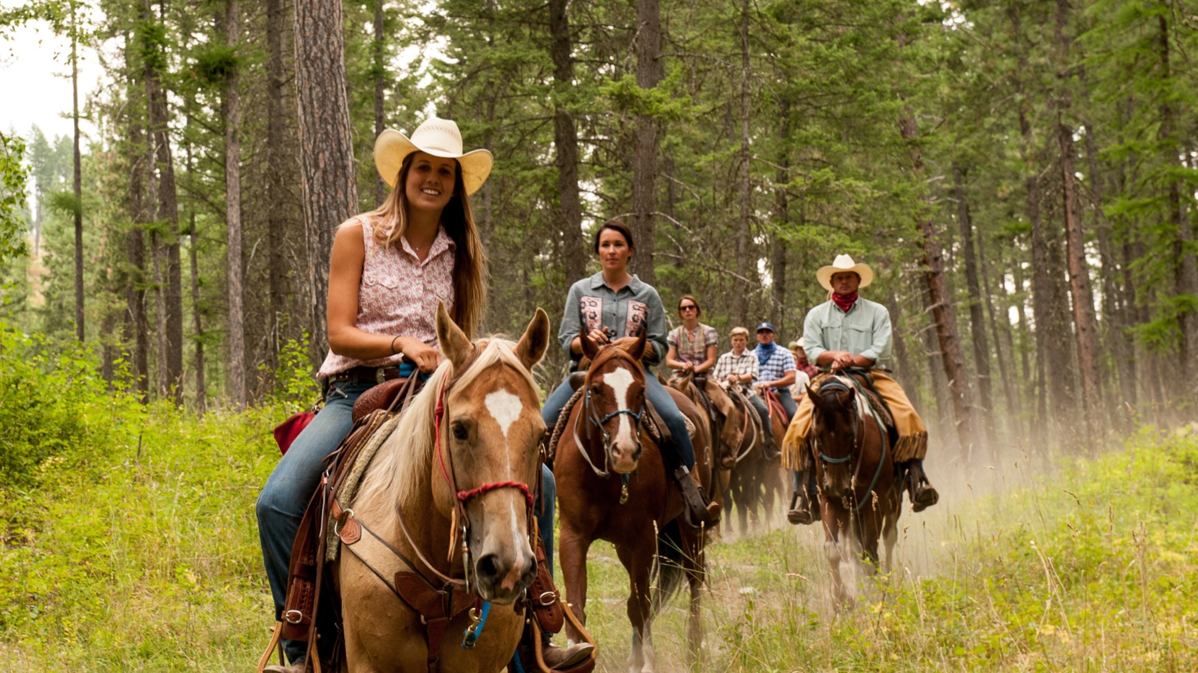 Bigfork featuring horseriding and tranquil scenes as well as a small group of people