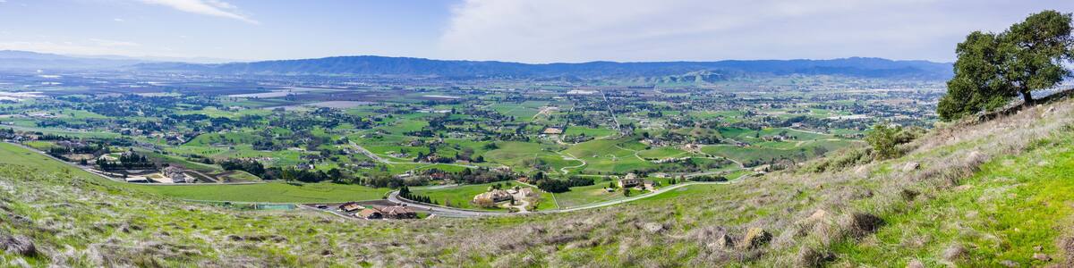 Panoramic view of the towns of South Valley (Gilroy, San Martin, Morgan Hill) as seen from Coyote Lake Harvey Bear Ranch County Park, south San Francisco bay, California