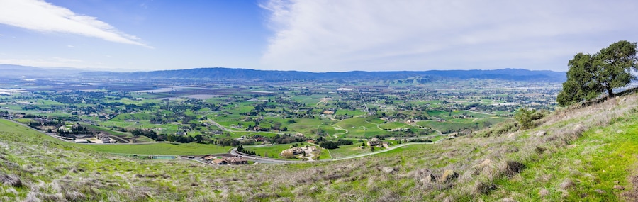 Panoramic view of the towns of South Valley (Gilroy, San Martin, Morgan Hill) as seen from Coyote Lake Harvey Bear Ranch County Park, south San Francisco bay, California