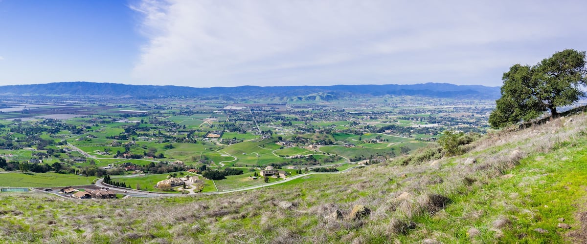 Panoramic view of the towns of South Valley (Gilroy, San Martin, Morgan Hill) as seen from Coyote Lake Harvey Bear Ranch County Park, south San Francisco bay, California