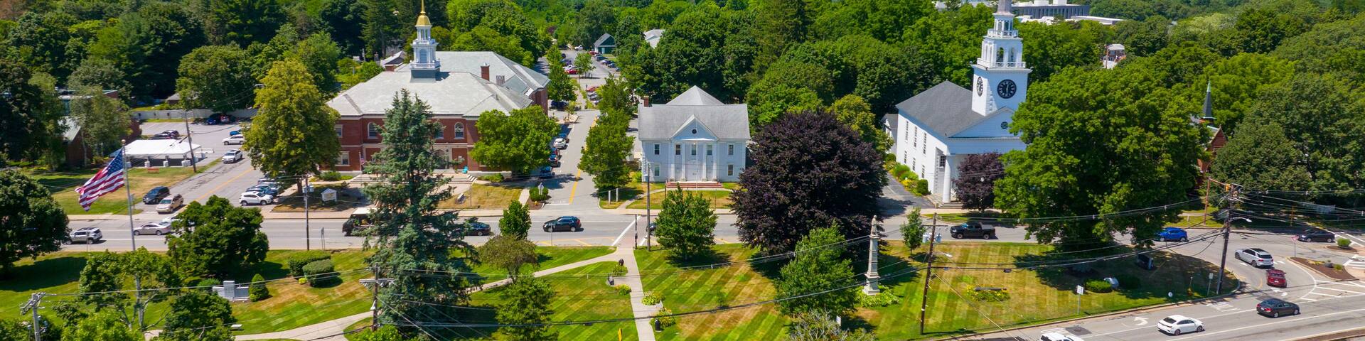Billerica Public Library and First Parish Unitarian Universalist Church aerial view at Billerica Common in historic town center of Billerica, Massachusetts MA, USA.