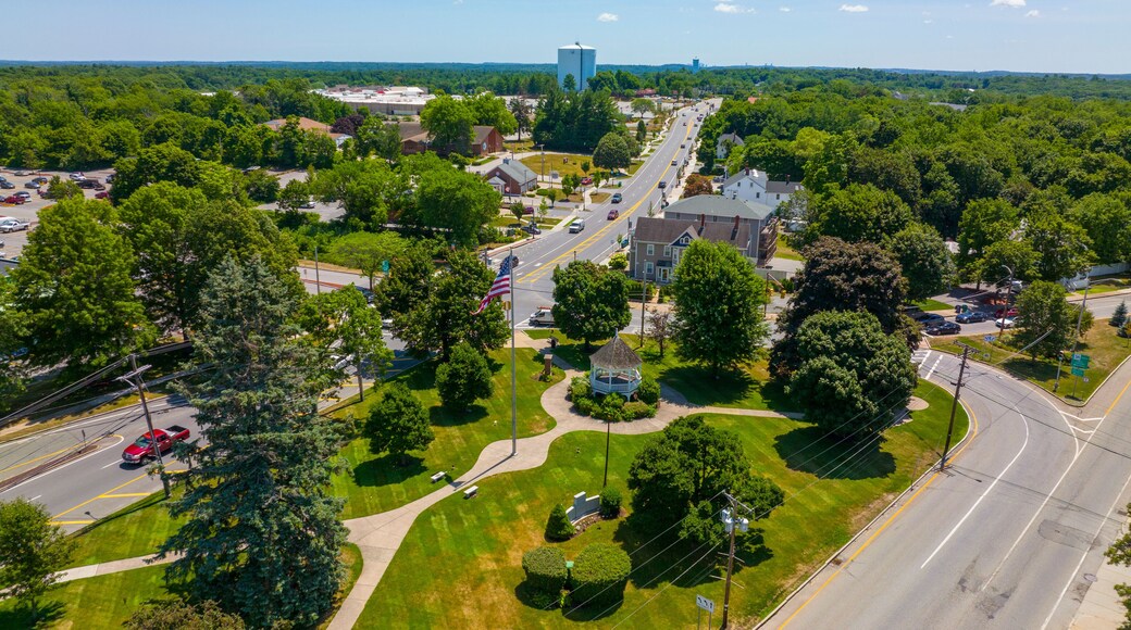 Billerica town common and Boston Road aerial view in summer in historic town center of Billerica, Massachusetts MA, USA.