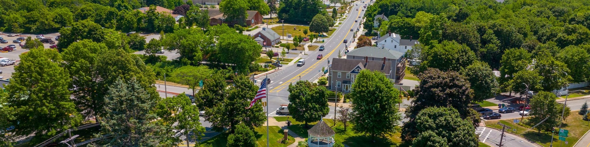 Billerica town common and Boston Road aerial view in summer in historic town center of Billerica, Massachusetts MA, USA.