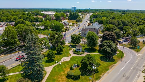 Billerica town common and Boston Road aerial view in summer in historic town center of Billerica, Massachusetts MA, USA.
