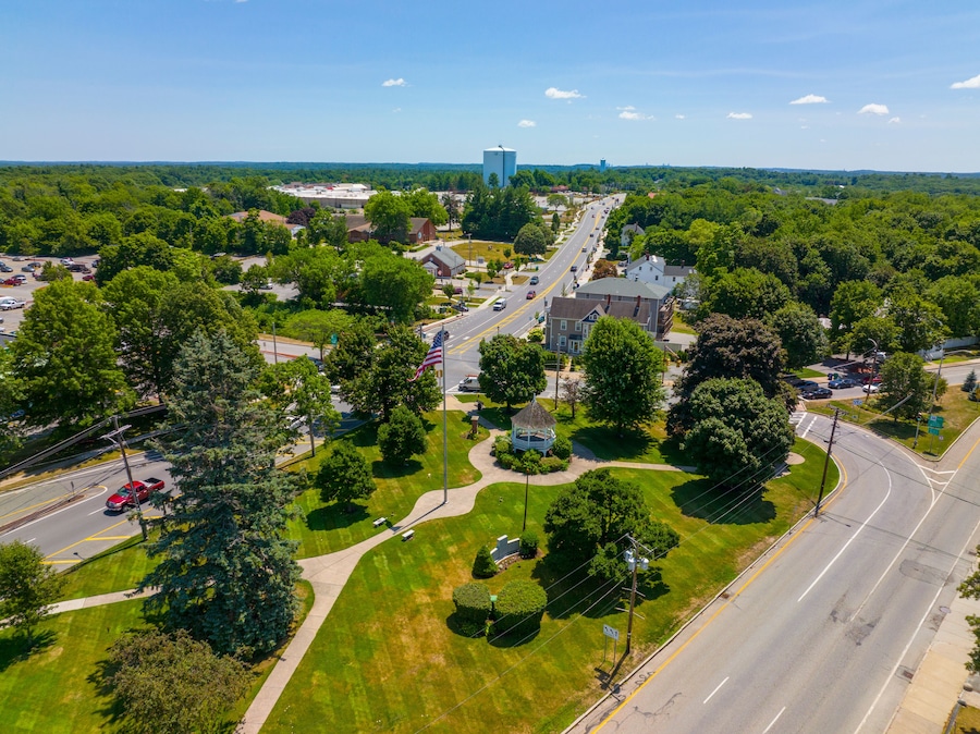Billerica town common and Boston Road aerial view in summer in historic town center of Billerica, Massachusetts MA, USA.