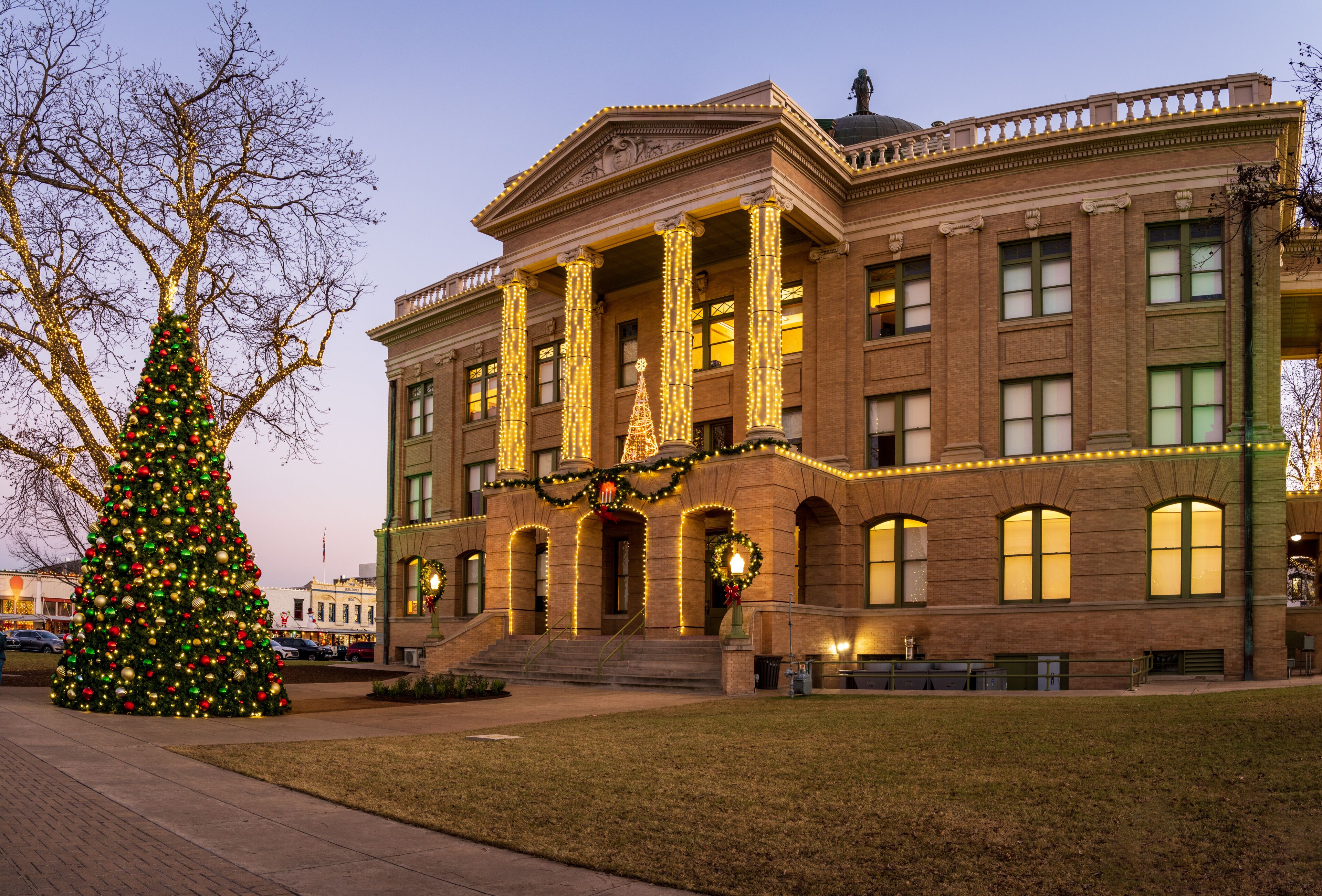 Christmas lights surround the Williamson County Courthouse in downtown Georgetown in Texas