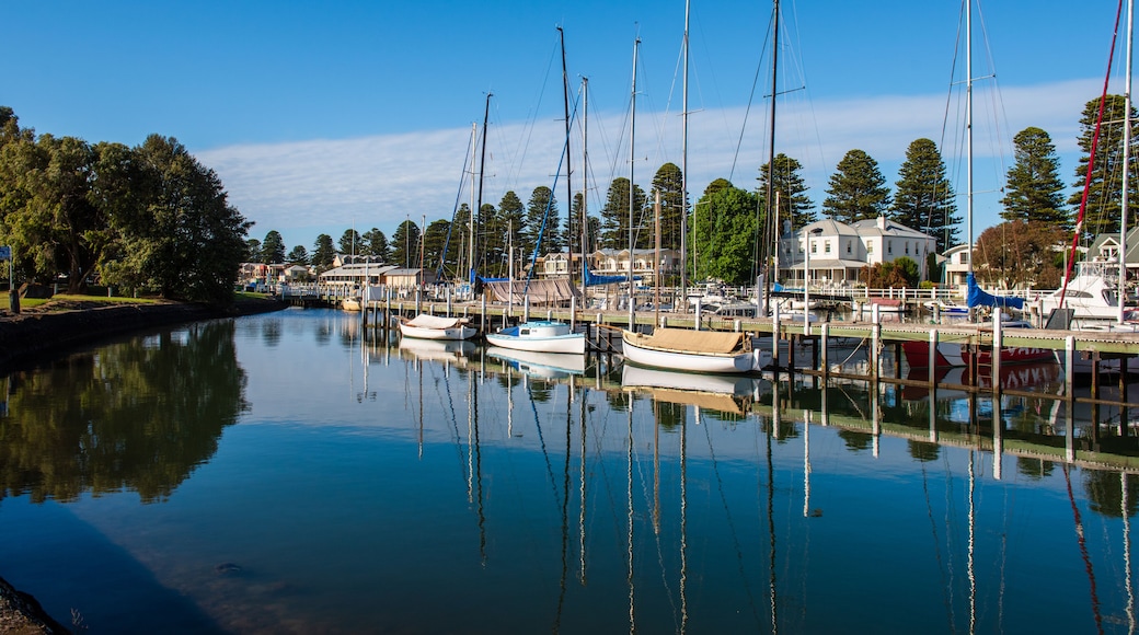 View of moored boats on Moyne River Port Fairy Victoria Australia
