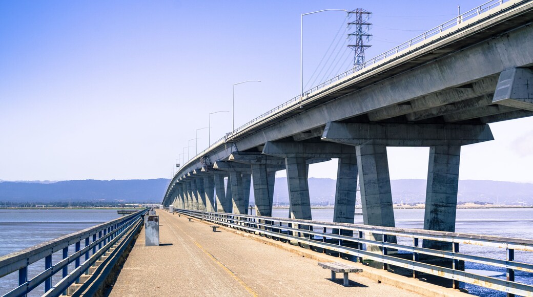 Walking on the fishing pier situated next to Dumbarton Bridge, connecting Fremont to Menlo Park, San Francisco bay area, California