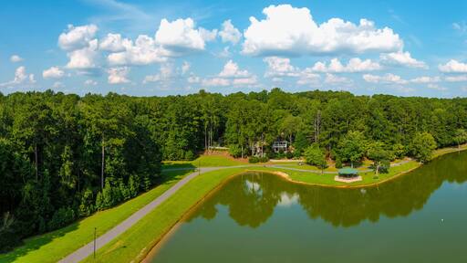 a panoramic aerial shot of the silky green waters of the lake with vast miles of lush green trees and blue sky and clouds and birds on the lake at Huddleston Pond Park in Peachtree City Georgia