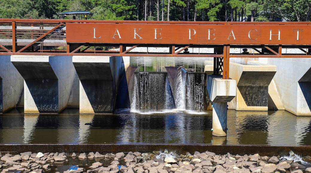 a gorgeous shot of the waterfall and the rushing water at Lake Peachtree in Peachtree City Georgia
