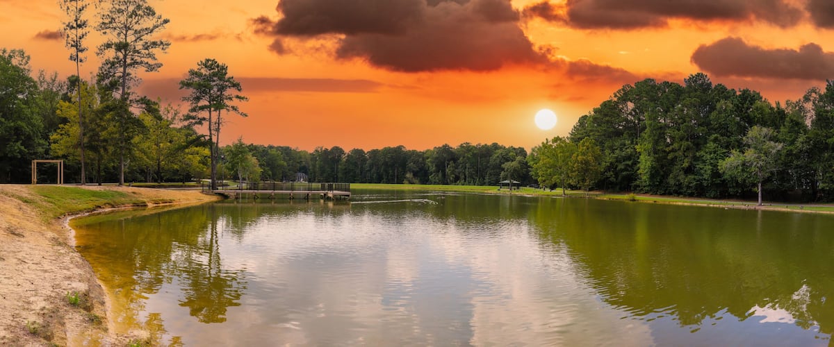 A serene lake with a wooden bridge, surrounded by dense trees and a sunset sky.