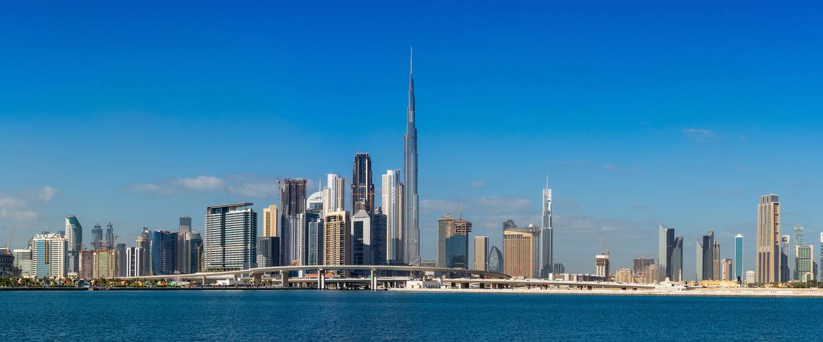 Super high resolution Wide panorama of Dubai cityscapes with Burj Khalifa at daytime