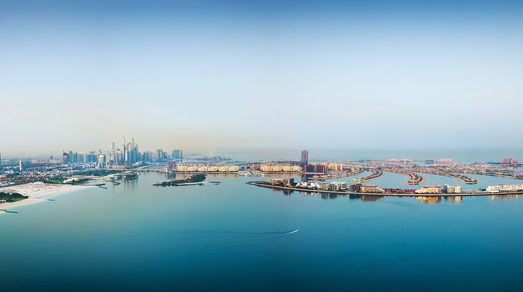 Aerial panoramic view of Dubai marina area and the Palm island