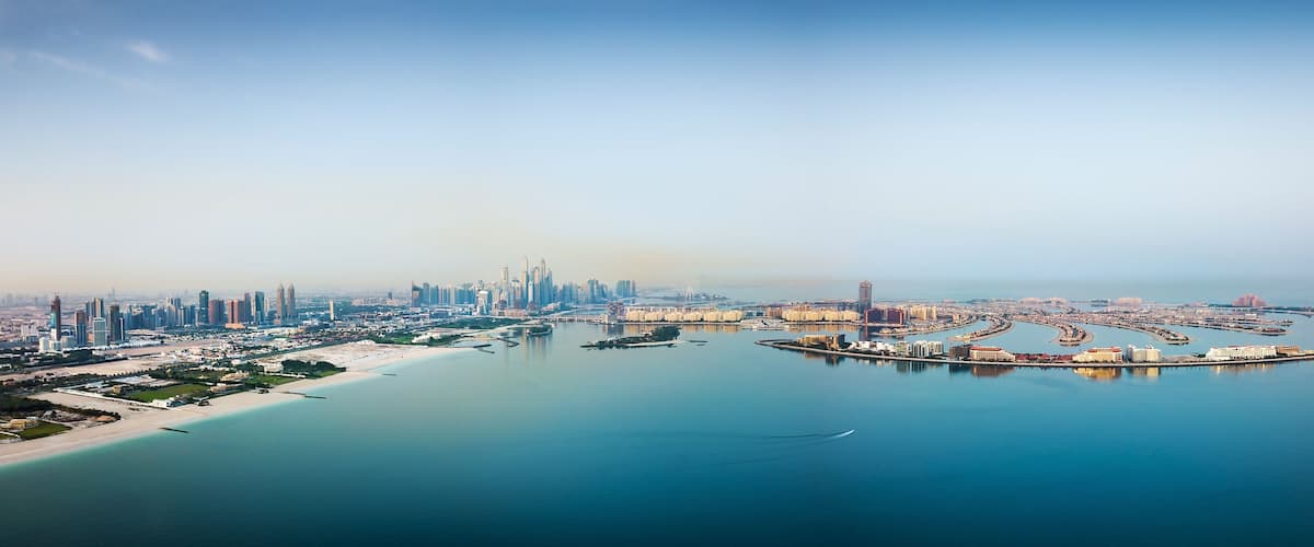 Aerial panoramic view of Dubai marina area and the Palm island