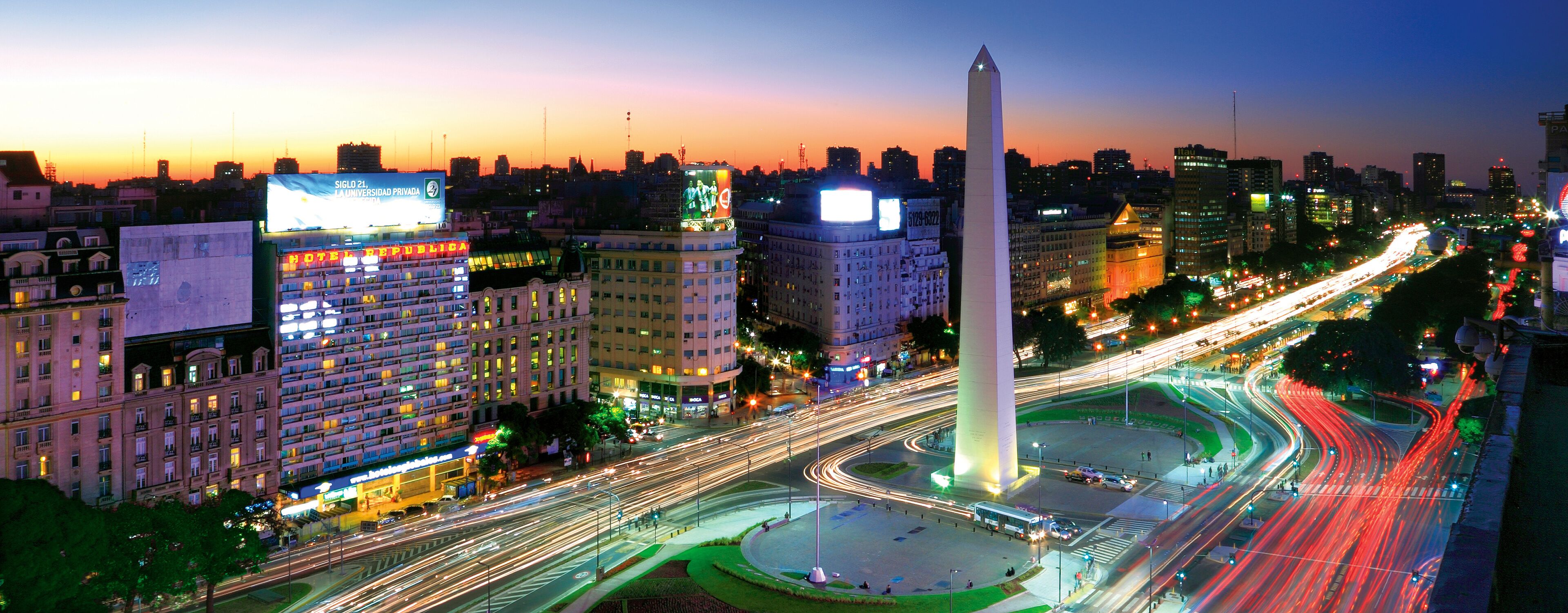 Aerial view of Buenos Aires, at Twilight, along 9 of July Avenue. 
